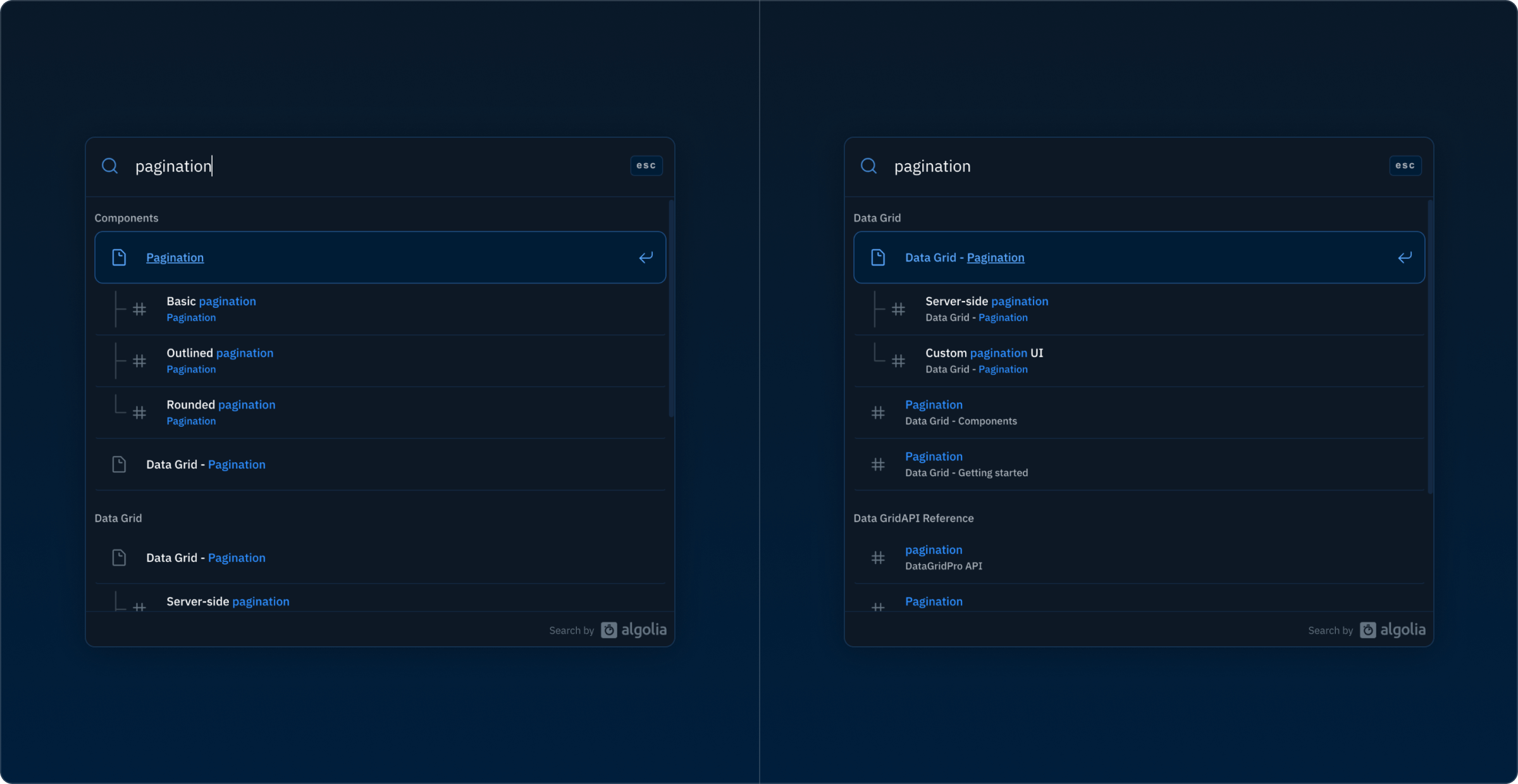 Screenshots of the docs before and after comparing Data Grid search results